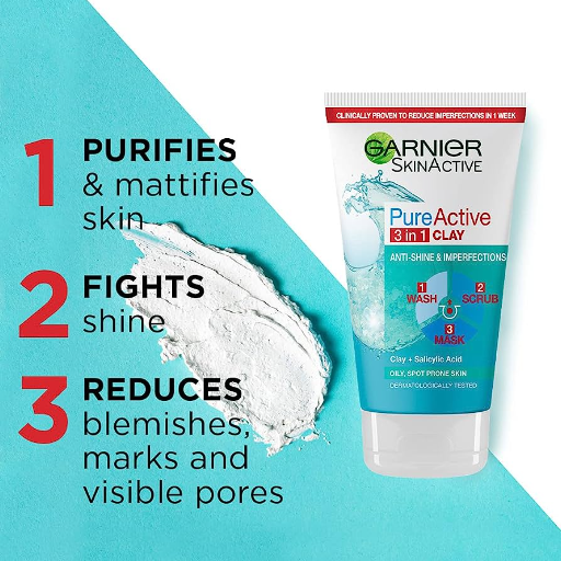 Garnier Pure Active 3in1 Clay Wash Scrub Mask Oily Skin 50ml
