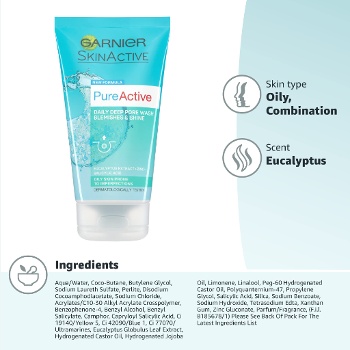 Garnier Pure Active Anti Blackhead Deep Pore Face Wash Oily Skin 150ml